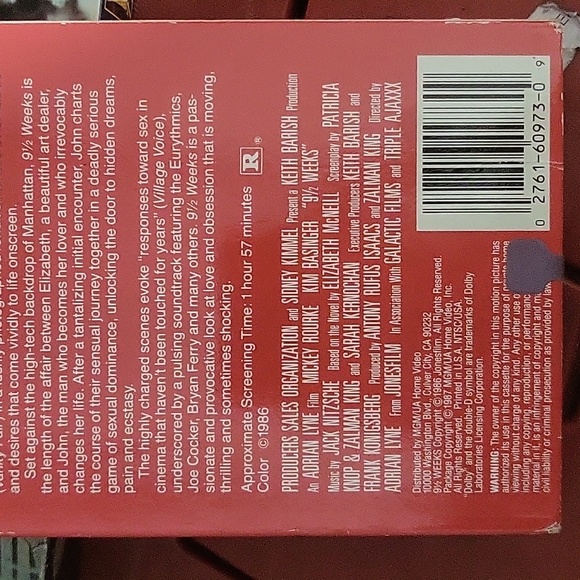 9 1/2 WEEKS VHS FILM KIM BASSINGER MICKEY ROURKE - Picture 5 of 9